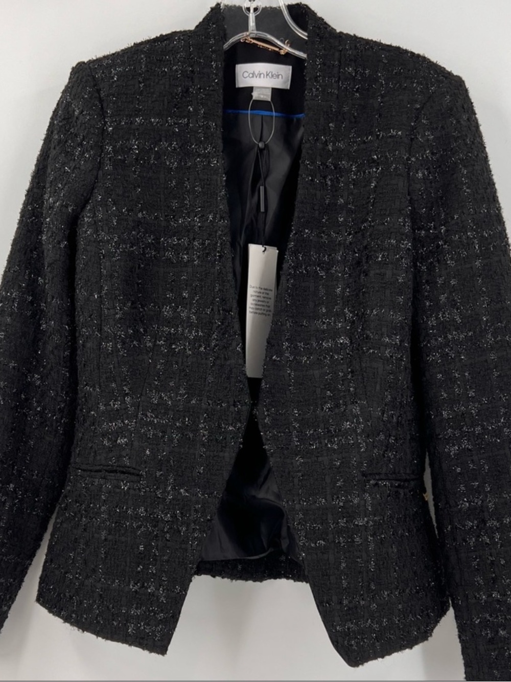 NWT Calvin Klein Tweed Blazer Jacket 6 Black Silver Metallic Boucle Open Front - Picture 10 of 13